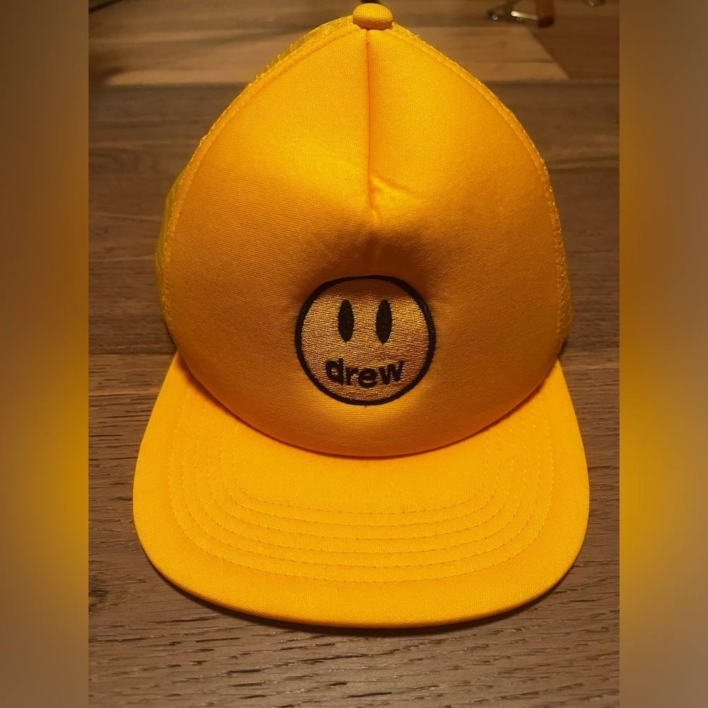 DREW HOUSE Justin Bieber Mascot Smiley Trucker Hat Golden Yellow SnapBack - Picture 2 of 6